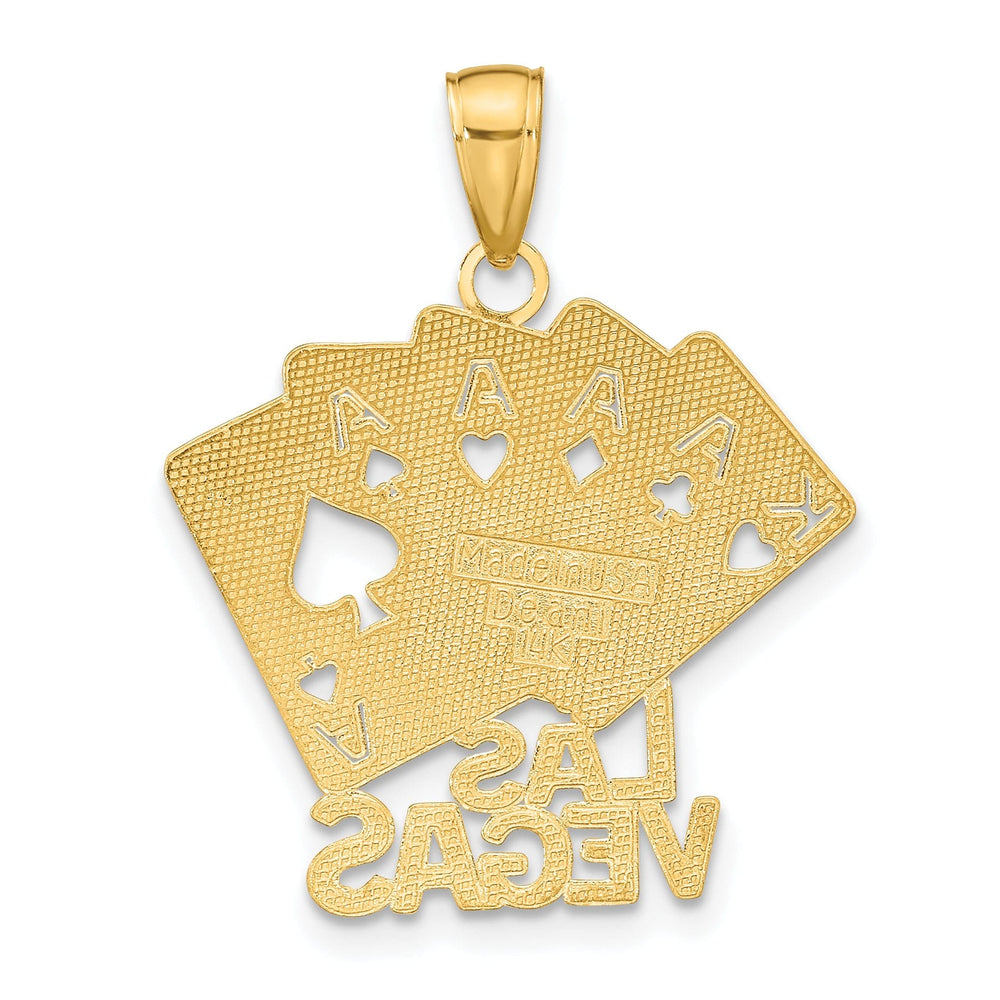 14K Yellow Gold Textured Polished Finish LAS VEGAS With 4-Aces King Playing Cards Charm Pendant