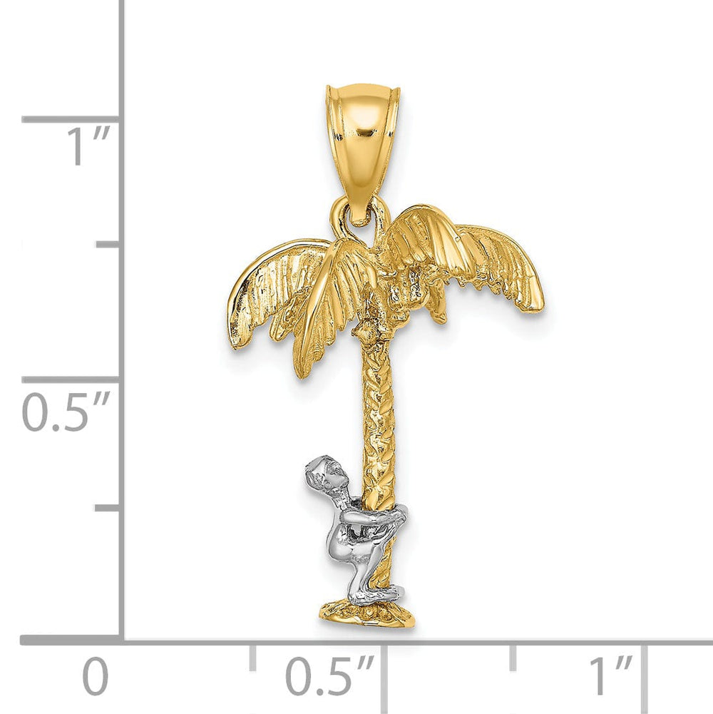 14k Two Tone Gold 3-Dimensional Textured Finish Moveable Man Climing on Palm Tree Design Charm Pendant