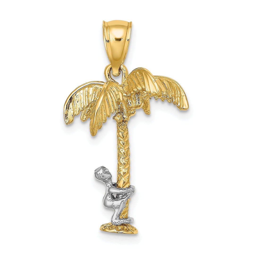 14k Two Tone Gold 3-Dimensional Textured Finish Moveable Man Climing on Palm Tree Design Charm Pendant