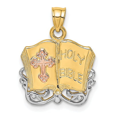 14K Two Tone White Rhodium Gold Holy Bible with Cross Design Pendant