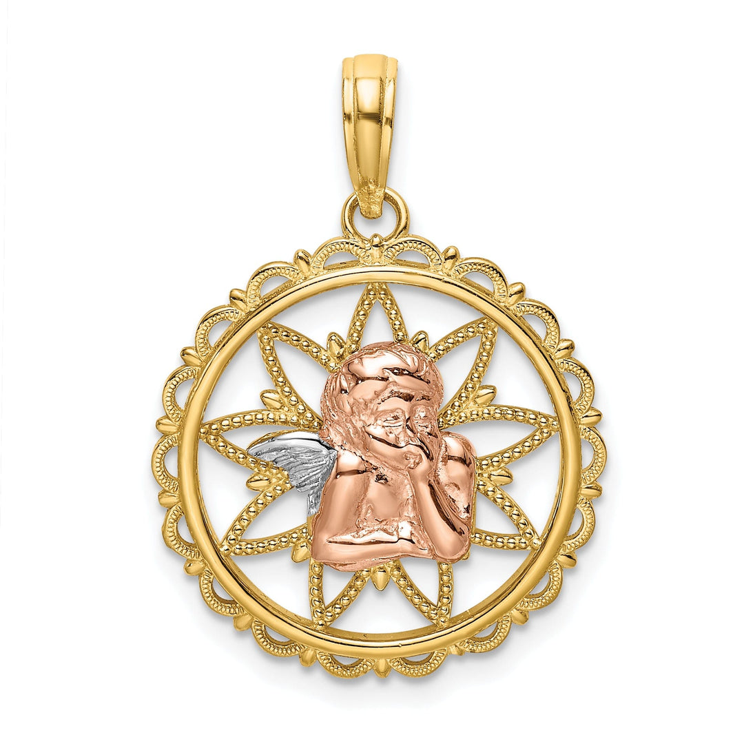 14K Yellow Rose Gold White Rhodium Polished Round Angel Medal Pendant