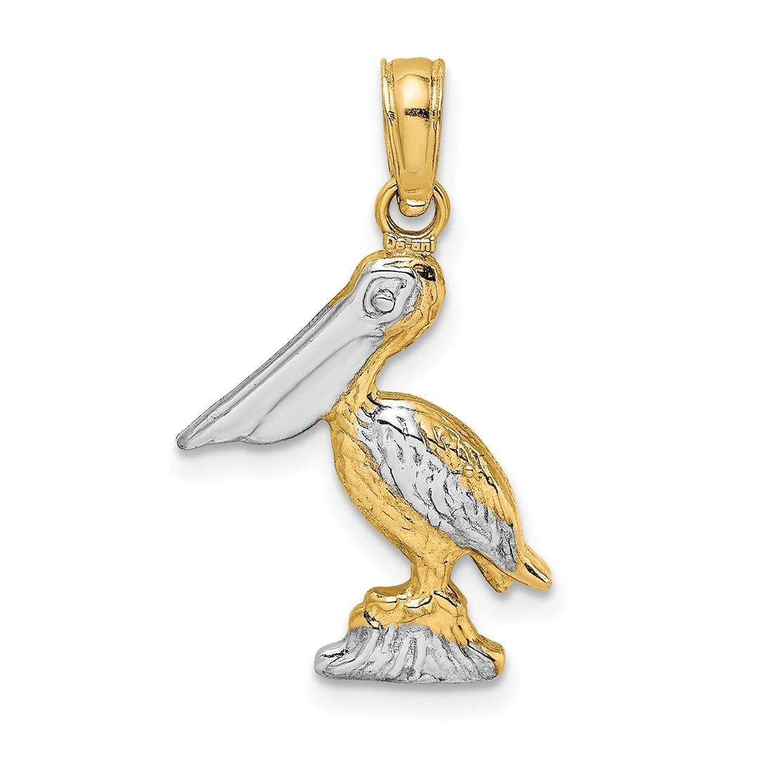 14K Yellow Gold White Rhodium Textured Polished Finish 3-Dimensional Pelican Standing on Piling Charm Pendant