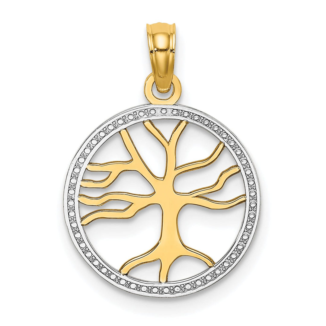14k Yellow Gold White Rhodium Textured Polished Finish Tree of Life in Round Shape Beaded Frame Charm Pendant
