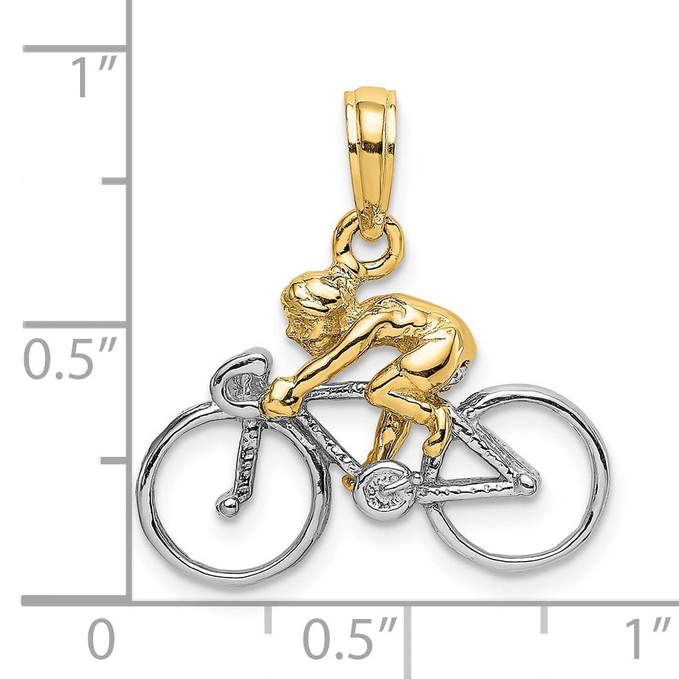 14K Two Tone Gold Polished Finish 3-Dimensional Bicycle with Rider Charm Pendant