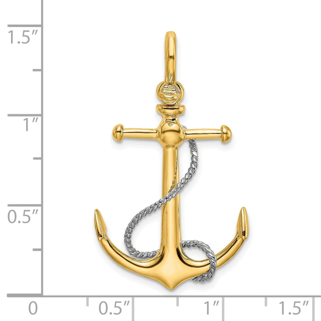 14K Yellow Gold Polished Finish 3-Dimensional Anchor with T Bar Rope Design and Shackle Bail Charm Pendant