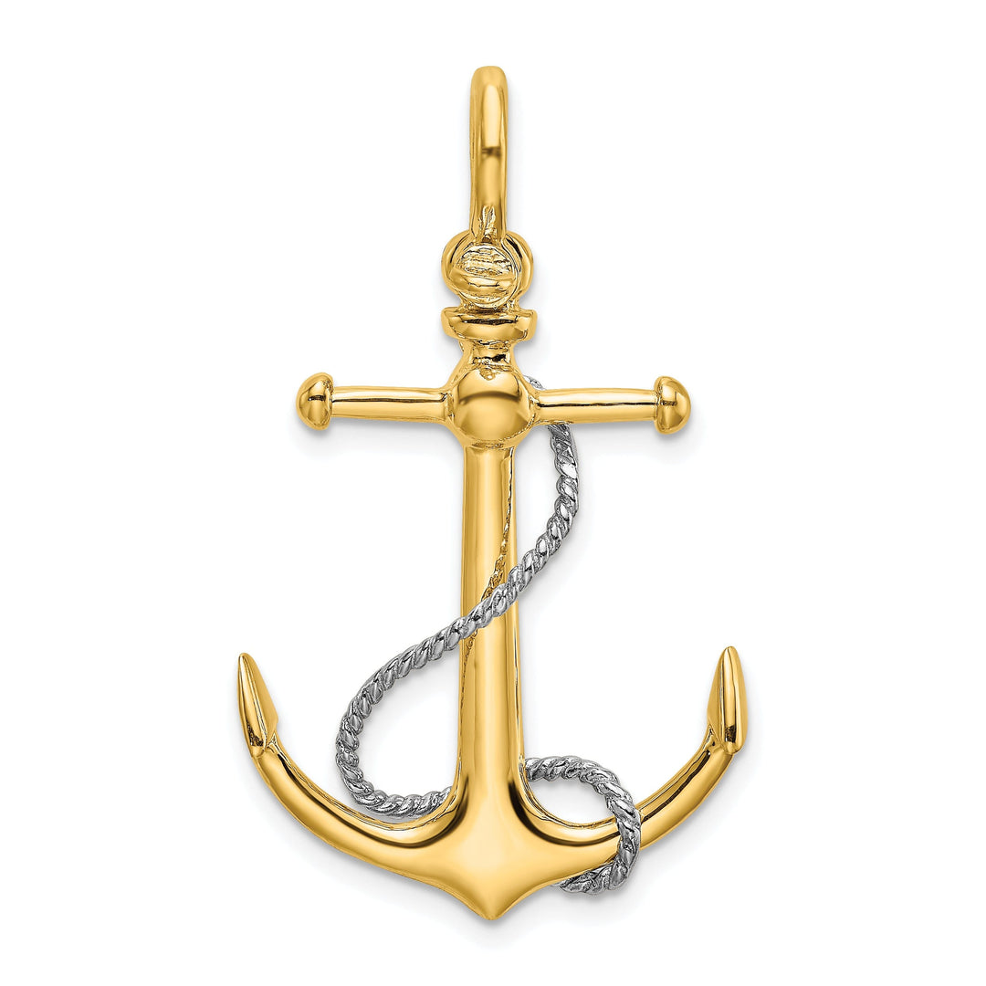 14K Yellow Gold Polished Finish 3-Dimensional Anchor with T Bar Rope Design and Shackle Bail Charm Pendant