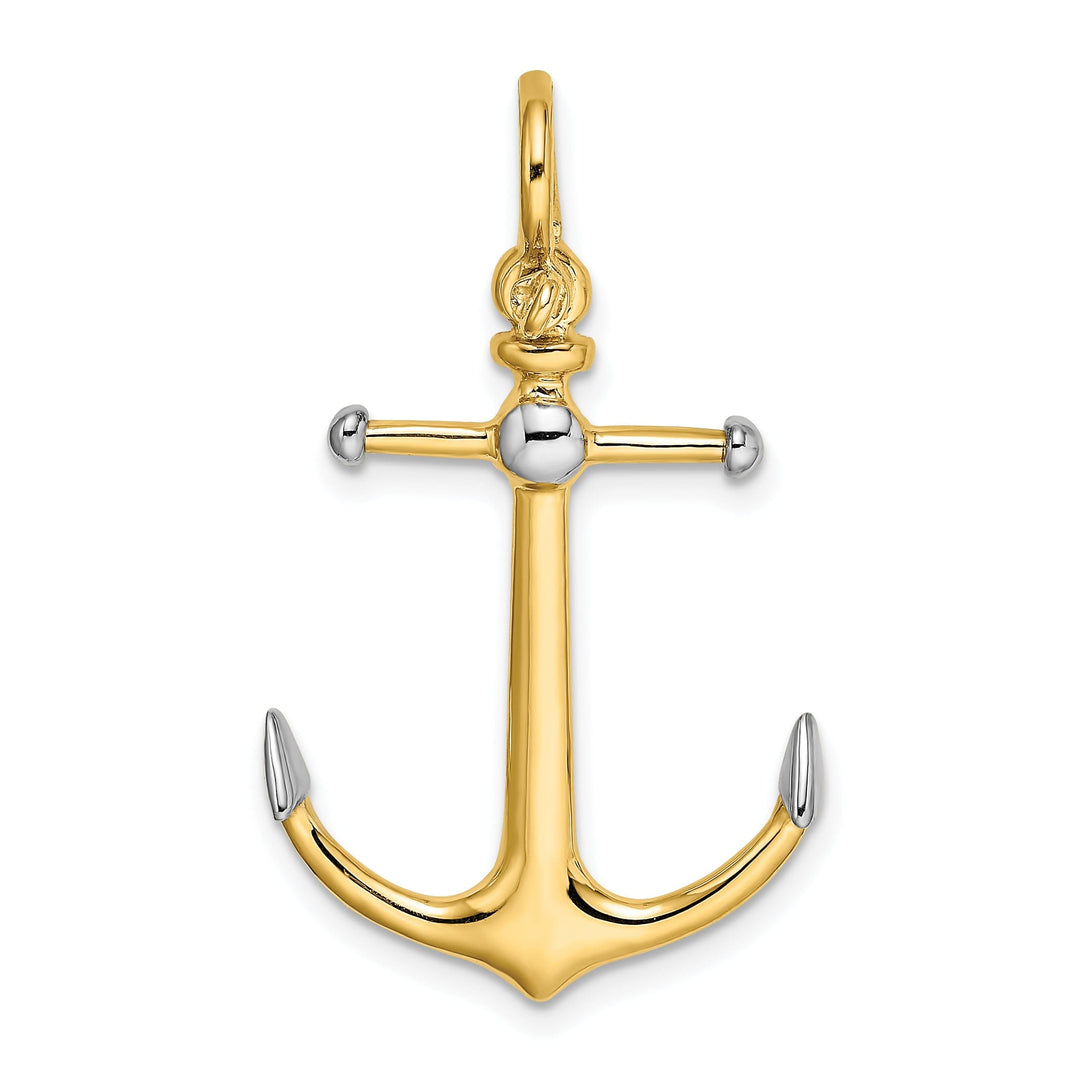 14K Yellow Gold Rhodium Polished Finish 3-Dimensional Anchor with Long T Bar and Shackle Bail Charm Pendant