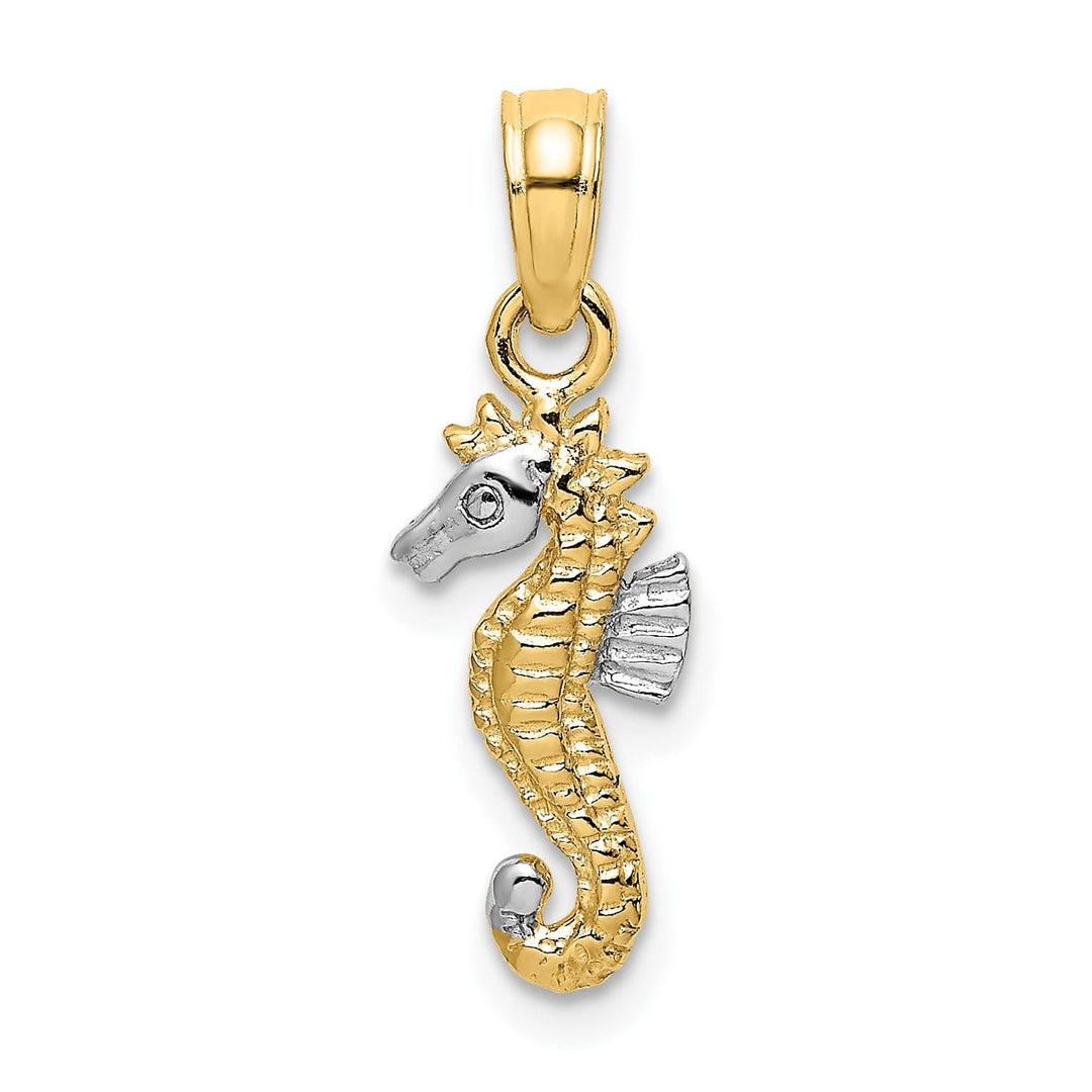 14K Yellow Gold with White Rhodium Texture Polished Finish Seahorse Charm Pendant