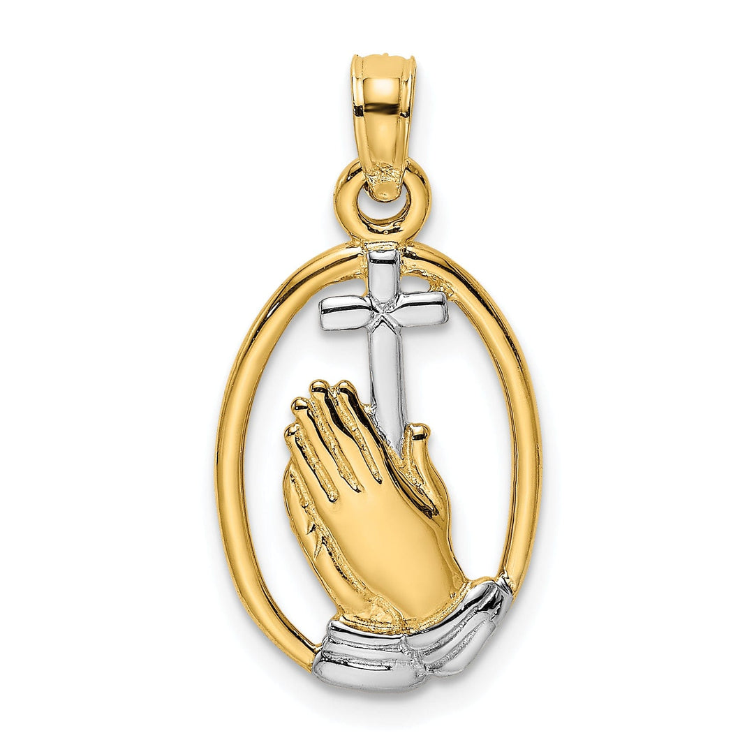 14K Yellow Gold Polished Praying Hands holding Cross In Oval Pendant