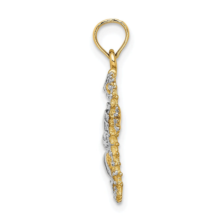 14K Yellow Gold with White Rhodium Texture Polished Finish 3-Dimensional Seahorse and Starfish Design Charm Pendant