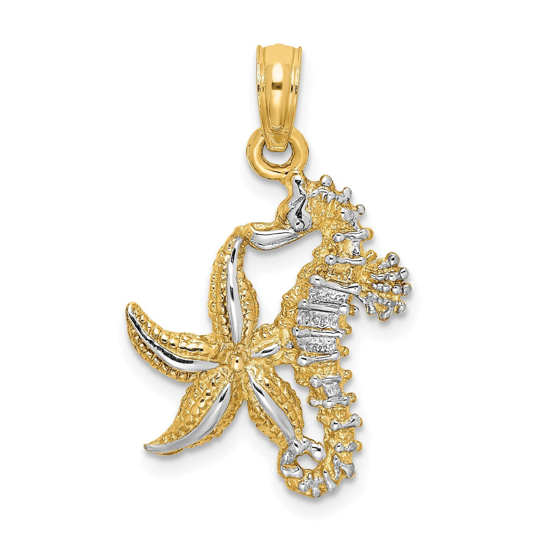 14K Yellow Gold with White Rhodium Texture Polished Finish 3-Dimensional Seahorse and Starfish Design Charm Pendant