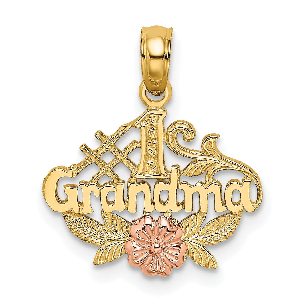 14k Two Tone Gold Textured Polished Finish Script #1 GRANDMA with Flower, Leaf Design Charm Pendant