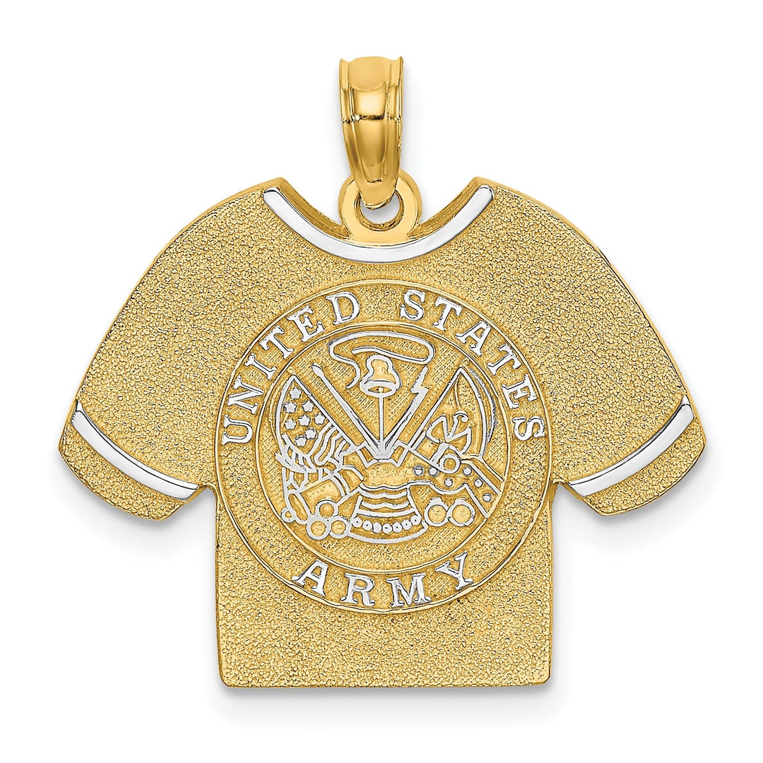 14k Yellow Gold, White Rhodium Textured Polished Finish US ARMY T-SHIRT Charm Pendant