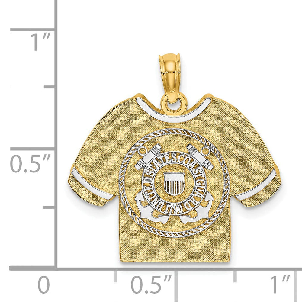14k Yellow Gold, White Rhodium Textured Polished Finish US COAST GUARD T-Shirt Charm Pendant