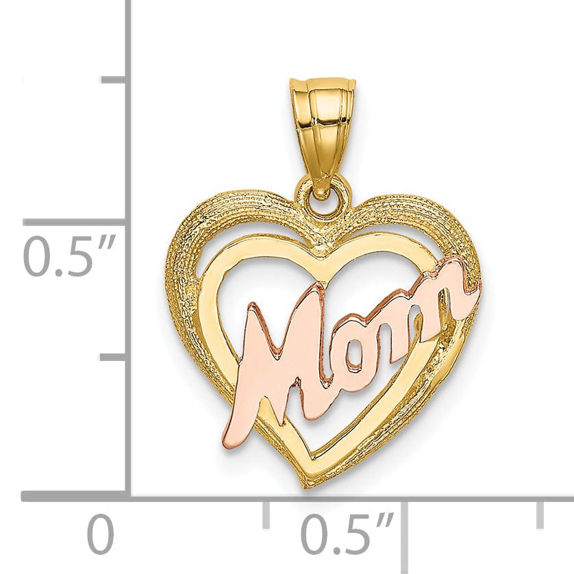 14k Two-Tone Gold Polished Textured Finish MOM in Double Heart Shape Design Charm Pendant