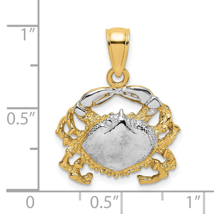 14K Yellow Gold White Rhodium Polished Textured Finish Crab Charm Pendant