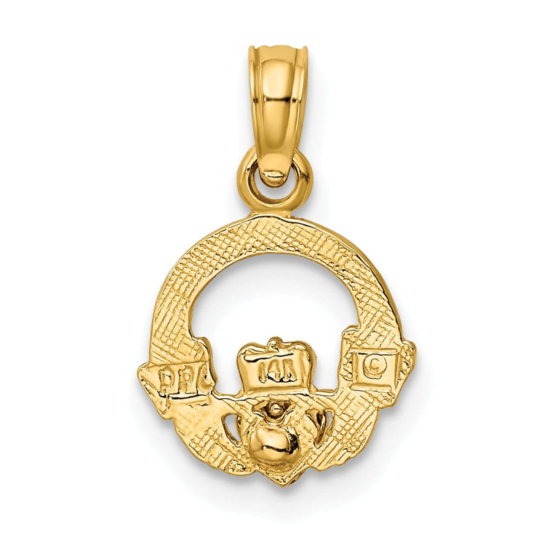 14k Two-Tone Gold Textured Polished Finish Claddagh with Heart Design Charm Pendant