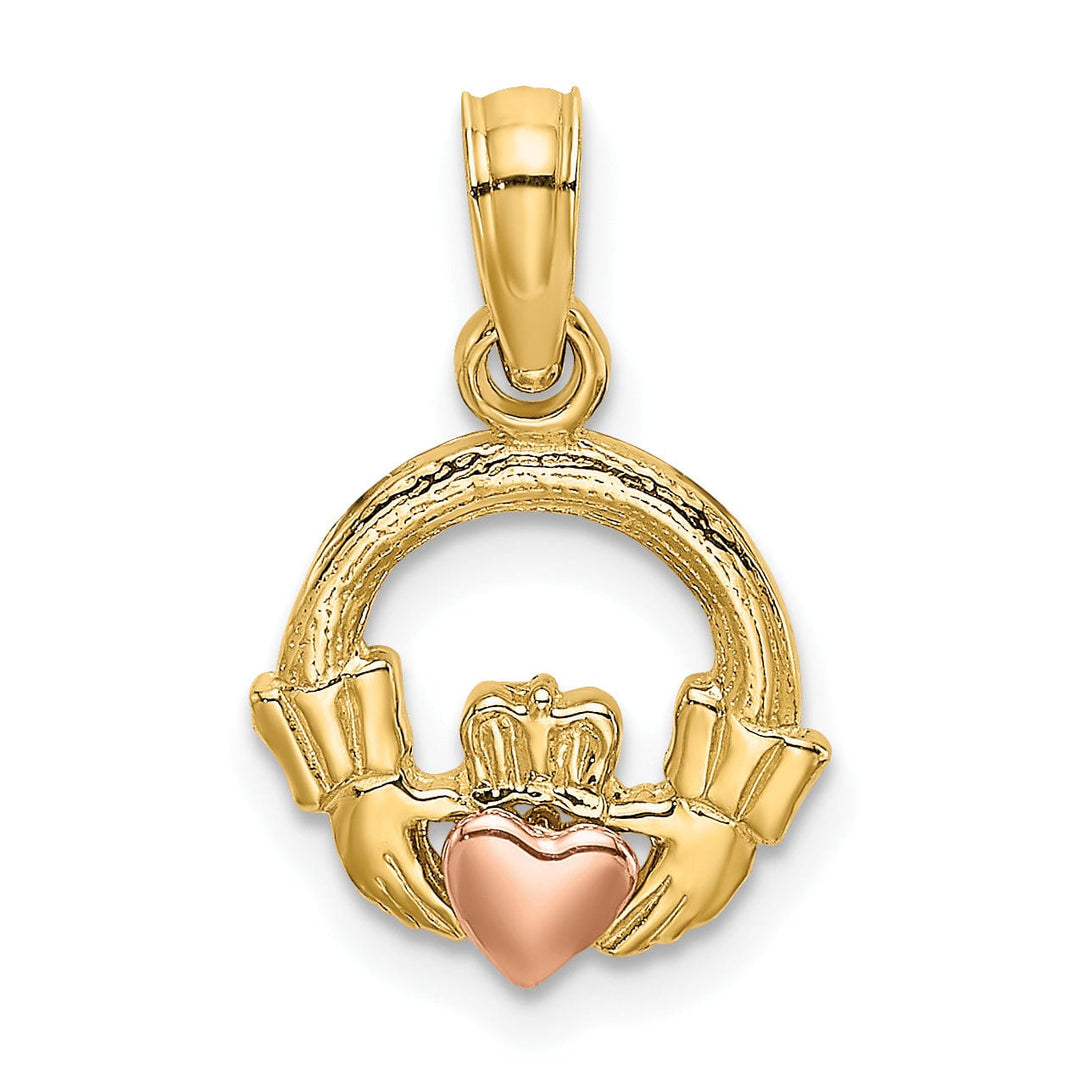 14k Two-Tone Gold Textured Polished Finish Claddagh with Heart Design Charm Pendant