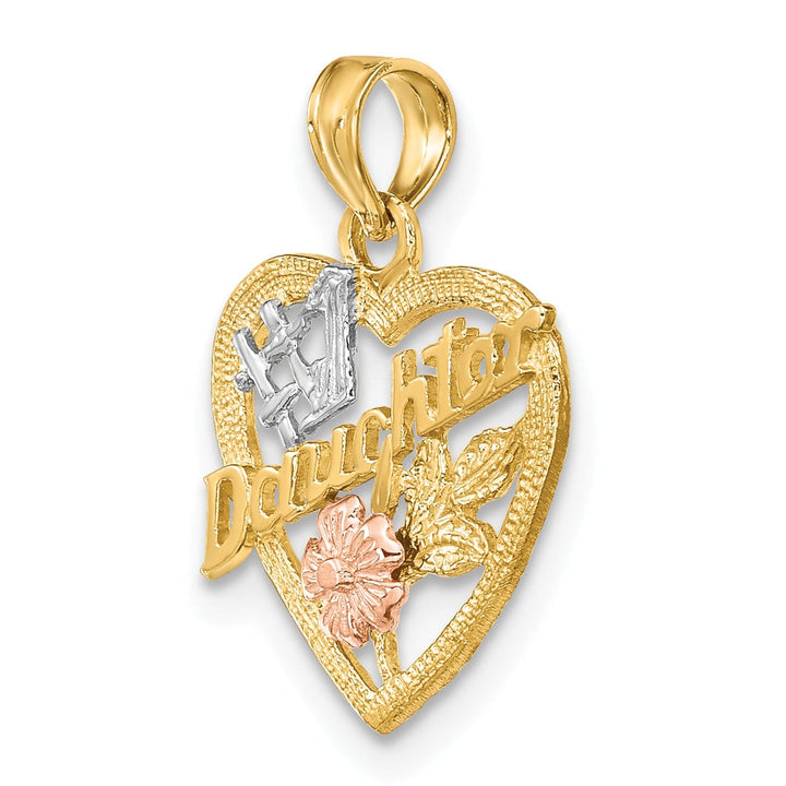 14k Two Tone Gold, White Rhodium Textured Polished Finish #1 DAUGHTER IN HEART Shape with Rose Flower Design Charm Pendant