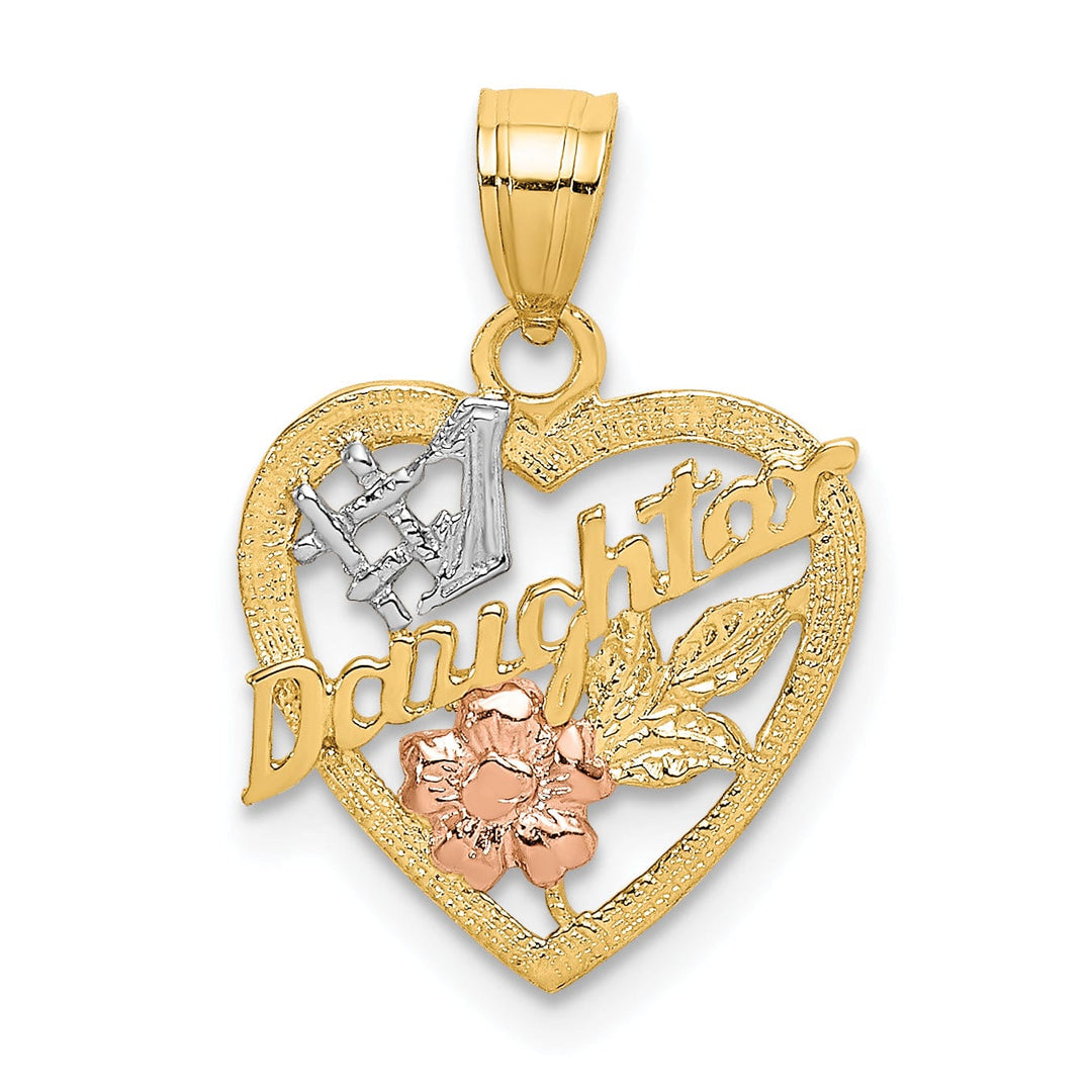 14k Two Tone Gold, White Rhodium Textured Polished Finish #1 DAUGHTER IN HEART Shape with Rose Flower Design Charm Pendant