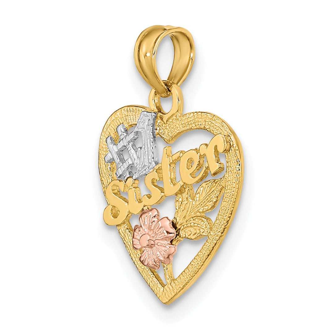 14k Yellow, Rose, Gold White Rhodium #1 SISTER In Heart with Flower Design Charm Pendant