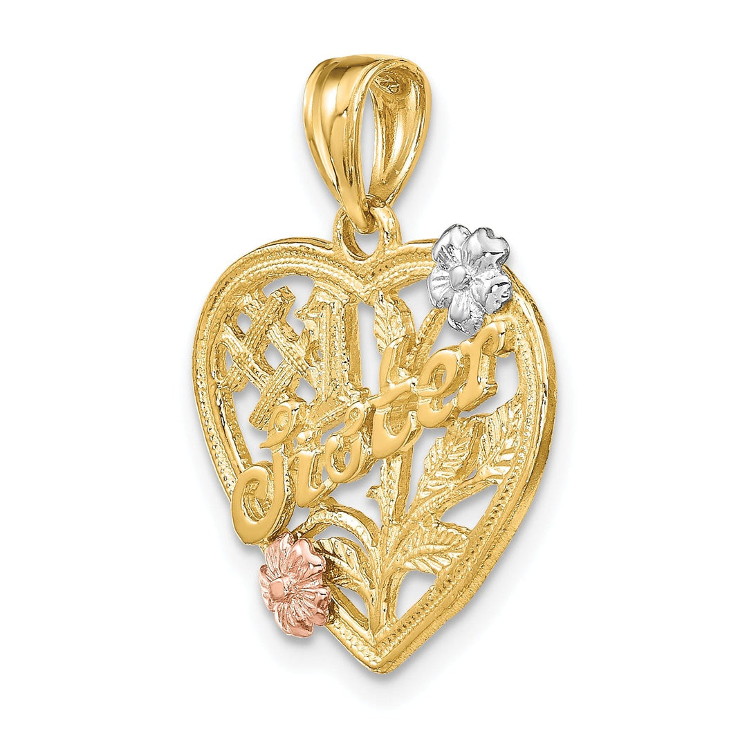 14k Two Tone Gold, White Rhodium SISTER in Heart with Flowers Style Design Charm Pendant