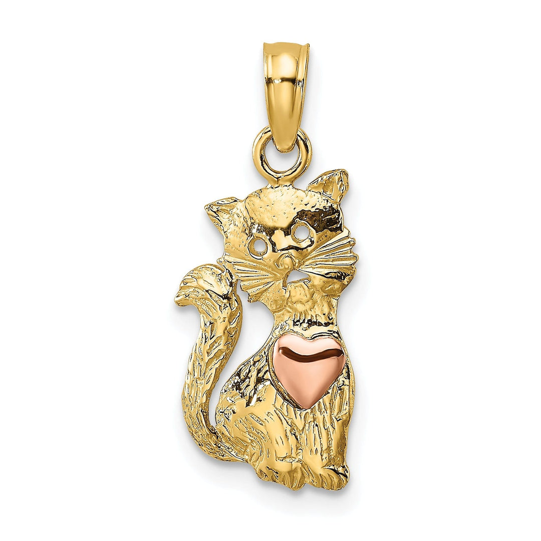 14k Two-Tone Gold Open Back Textured Polished Finish Cat with Heart Design Charm Pendant