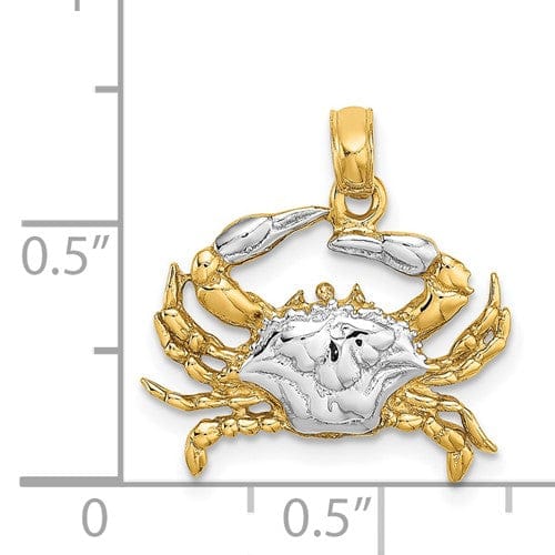 14K Yellow Gold White Rhodium Polished Textured Finish Blue Claw Claw Crab Charm Pendant