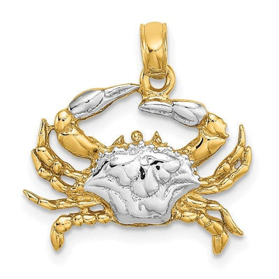 14K Yellow Gold White Rhodium Polished Textured Finish Blue Claw Claw Crab Charm Pendant