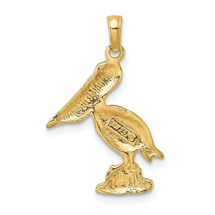 14K Yellow Gold White Rhodium Textured Polished Finish Pelican Standing on Piling Charm Pendant