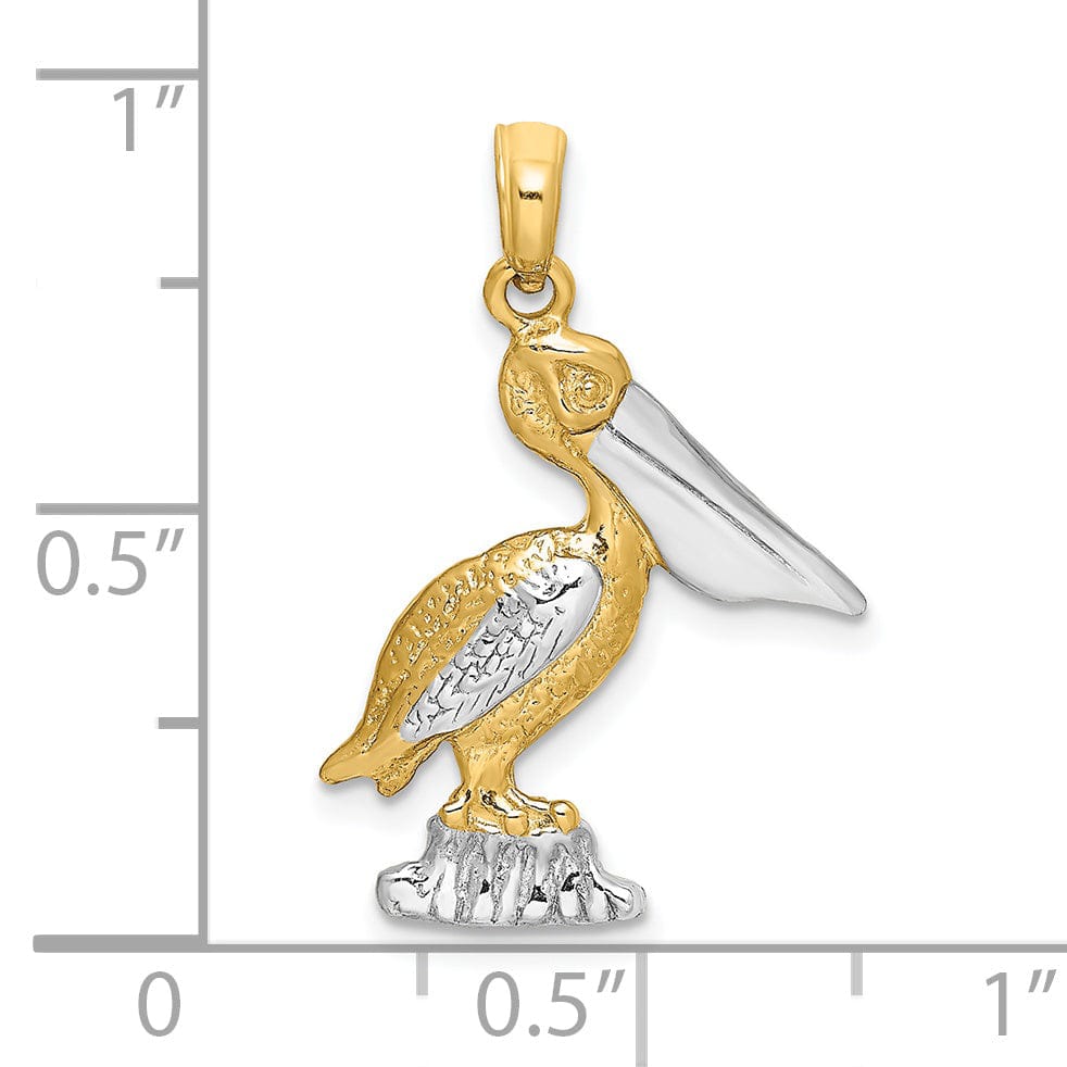 14K Yellow Gold White Rhodium Textured Polished Finish Pelican Standing on Piling Charm Pendant