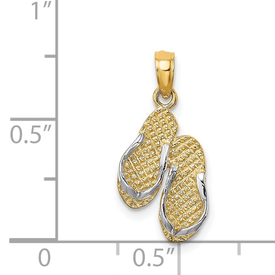 14k Yellow Gold, White Rhodium Polished Textured Finish 3-Dimensional SANIBEL ISLAND Double Flip Flop Sandles Charm Pendant