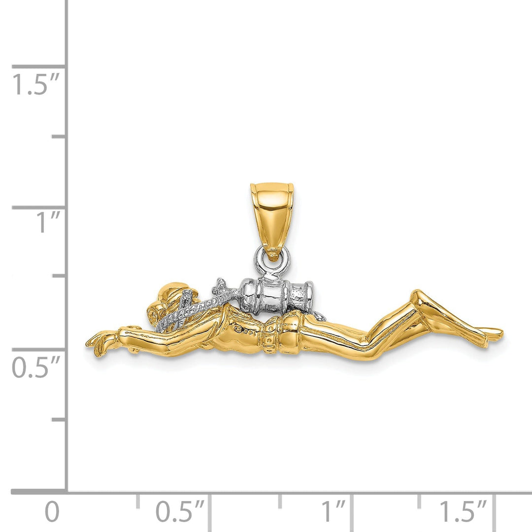 14K Yellow Gold Rhodium Polished Finish 3-Dimensional Male Scuba Diver Charm Pendant