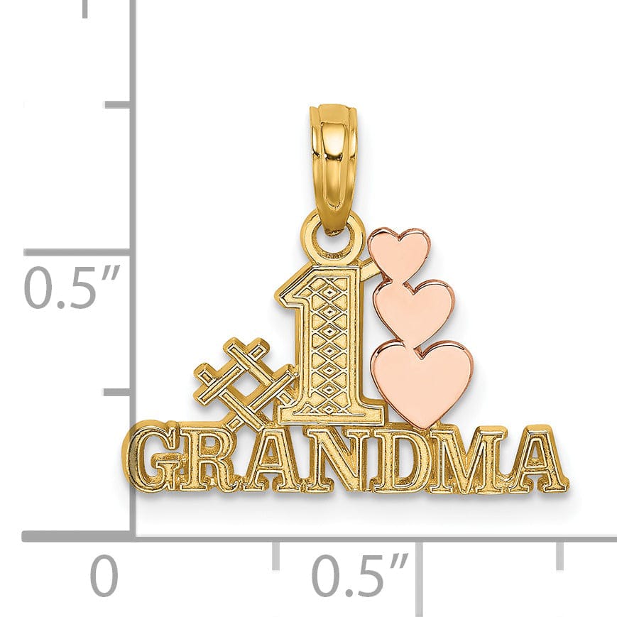 14k Two Tone Gold Flat Back Textured Polished Finish Script #1 GRANDMA with Three Hearts Design Charm Pendant
