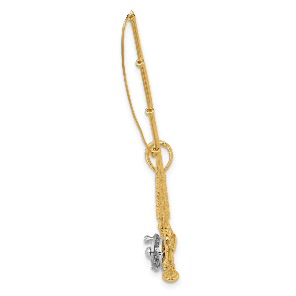 14K Yellow Gold With Rhodium Polished Finish 3-Dimensional Fly Rod Fishing Pole With Reel Charm Pendant