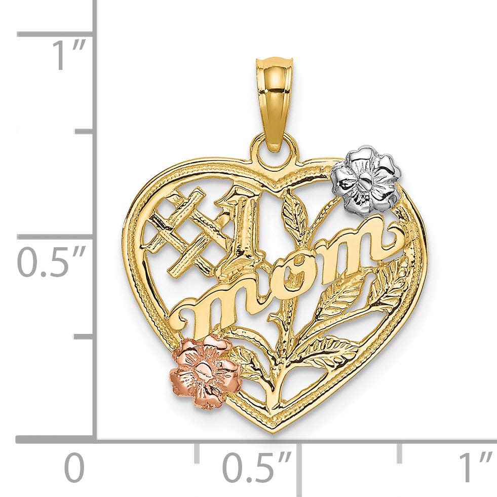 14K Two Tone Gold, White Rhodium Textured Polished Finish #1 MOM Heart with Leaf, Flower Design Charm Pendant
