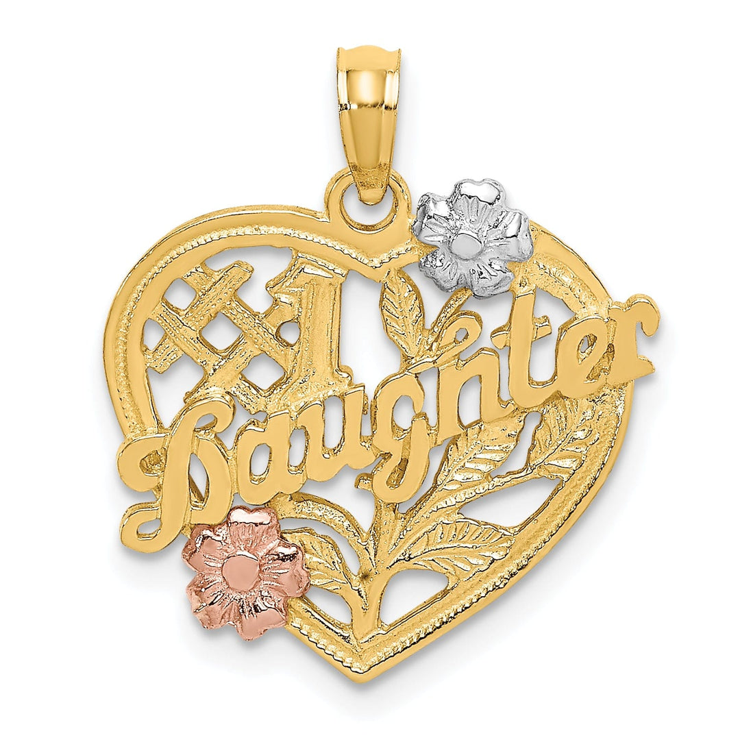 14k Two Tone Gold, White Rhodium Flat Back #1 DAUGHTER Heart Shape with Flowers Design Charm Pendant