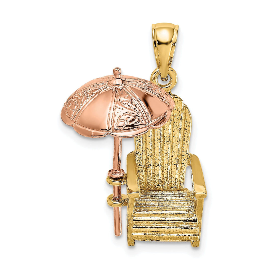 14K Yellow, Rose Gold Polished Finish 3-Dimensional Beach Chair with Umbrella Charm Pendant