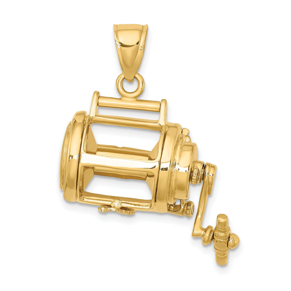 14K Yellow Gold Moveable 3-Dimensional Fishing Reel Pendant