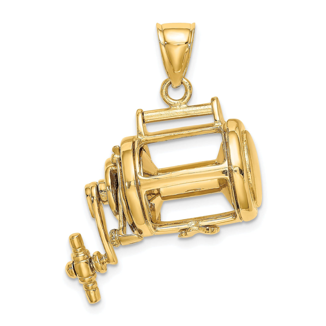 14K Yellow Gold Moveable 3-Dimensional Fishing Reel Pendant