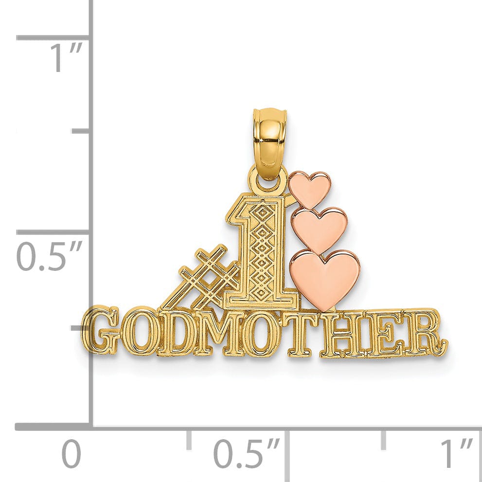 14K Two Tone Gold Textured Polished Finish #1 GODMOTHER With Triple Hearts Design Charm Pendant