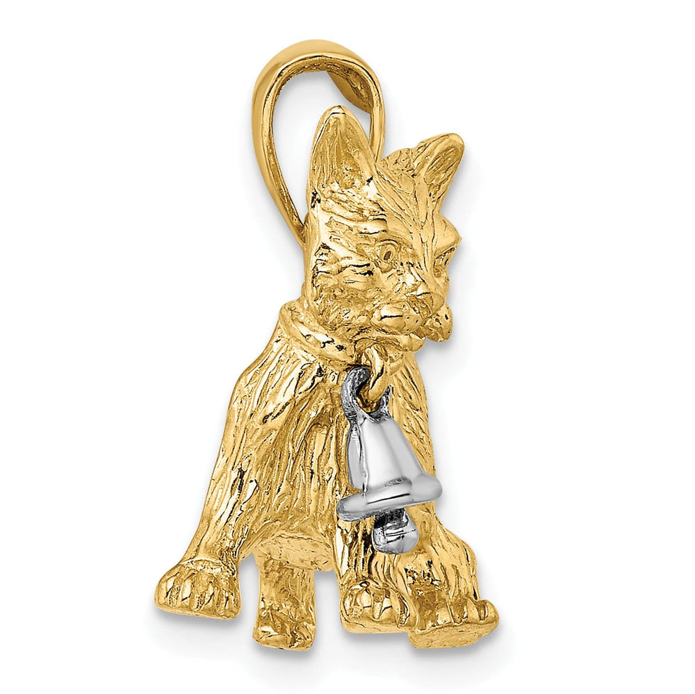 14kTwo-Tone Gold Textured Polished Finish Moveable Dangling Bell Cat Design Charm Pendant