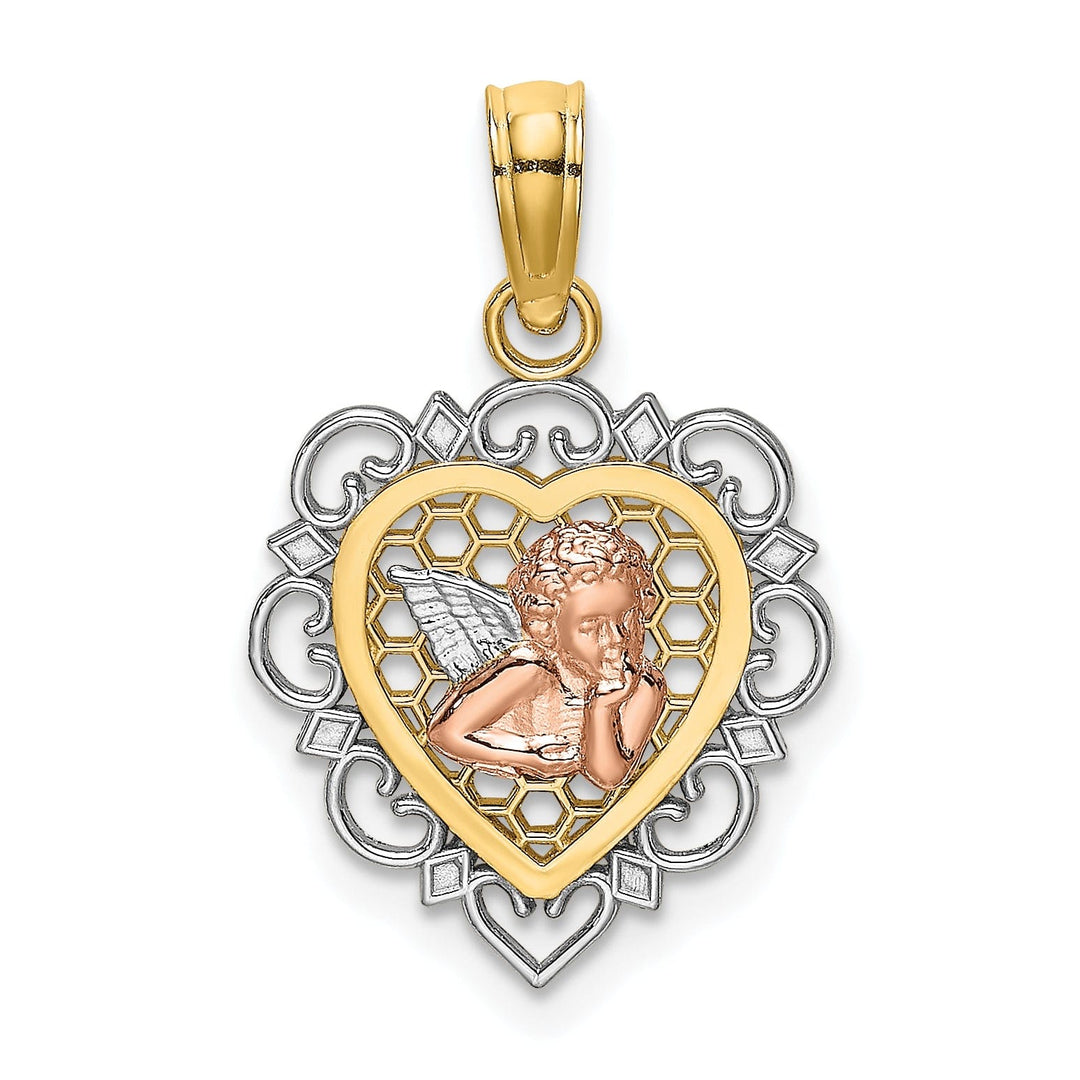14K Yellow Rose Gold White Rhodium Heart Shape Angel Medal Pendant