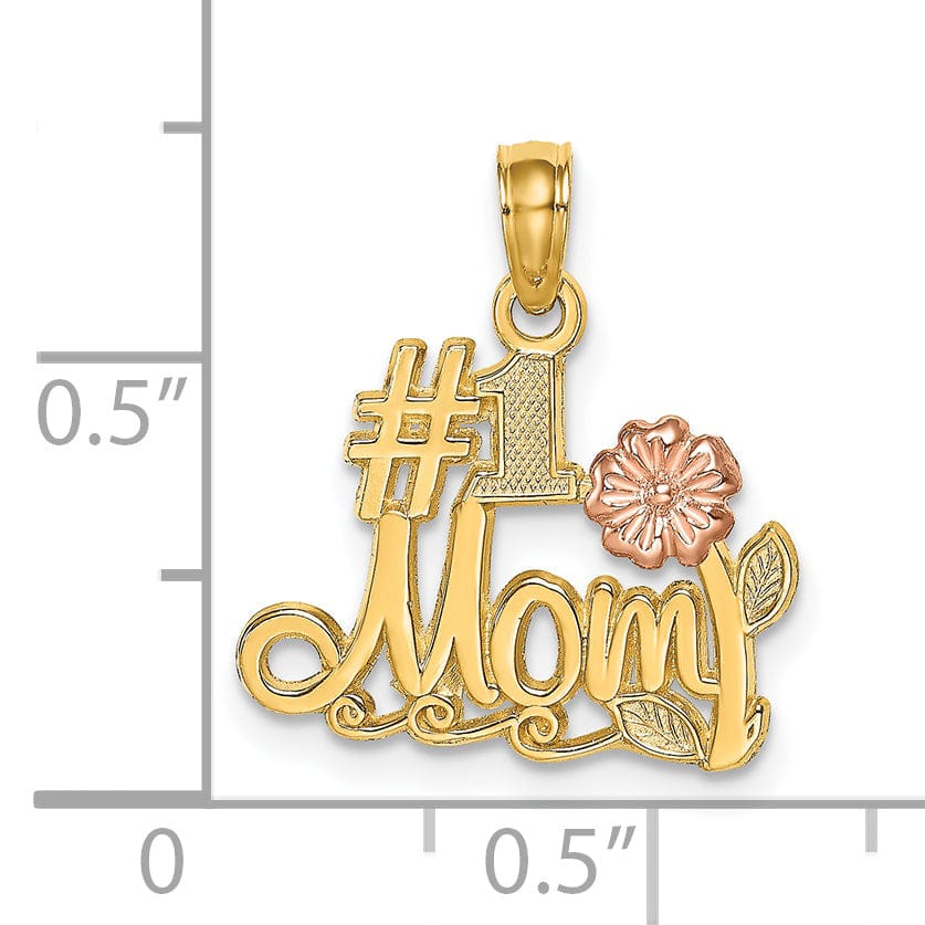 14K Two Tone Gold, White Rhodium Textured Polished Finish Script #1 MOM with Leaf, Flower Design Charm Pendant