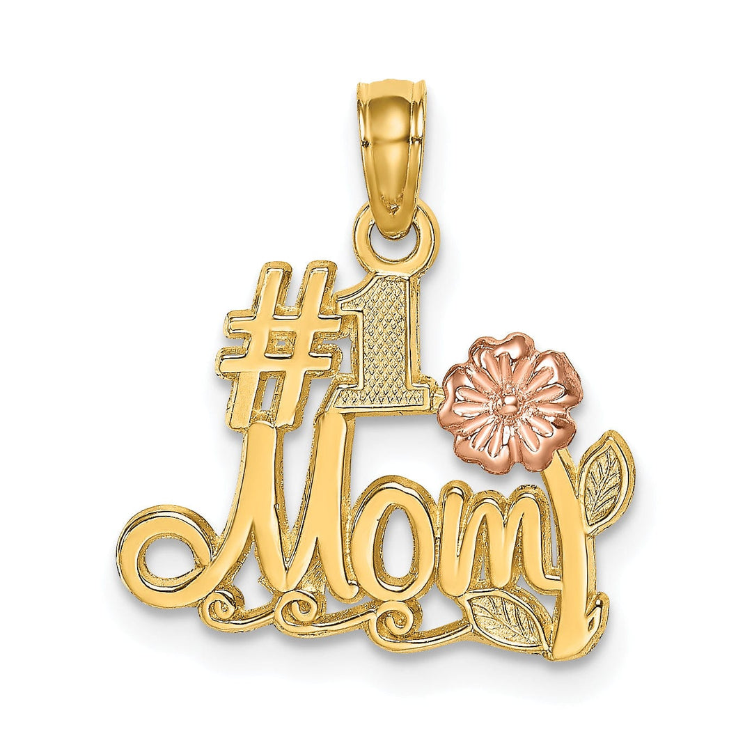 14K Two Tone Gold, White Rhodium Textured Polished Finish Script #1 MOM with Leaf, Flower Design Charm Pendant