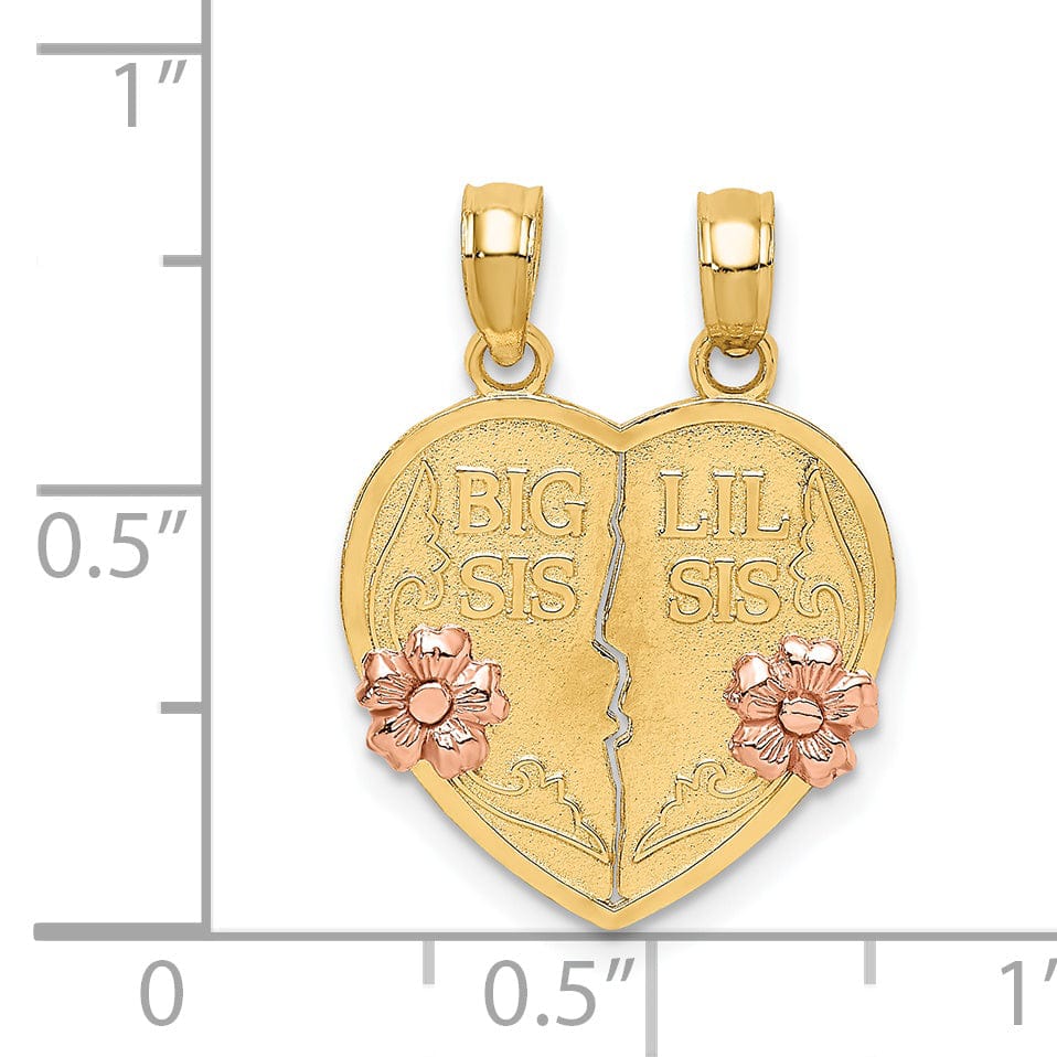 14k Two Tone Gold Polished Finish 2-Pieces BIG SIS-LIL SIS Break-A-part Heart Design Charm Pendant