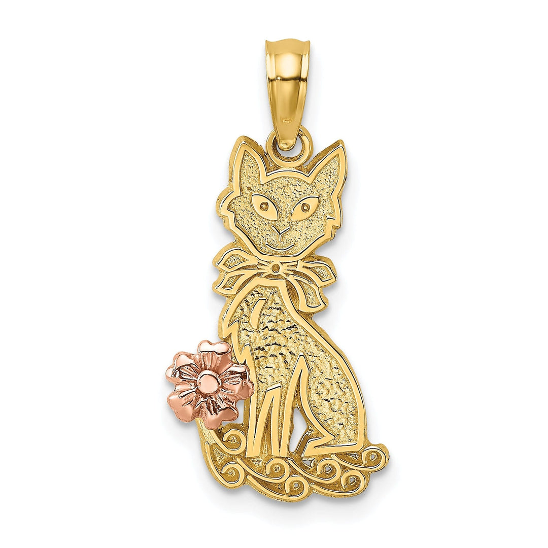 14k Two-Tone Gold Textured Polished Finish Sitting Cat with Bow and Flower Design Charm Pendant
