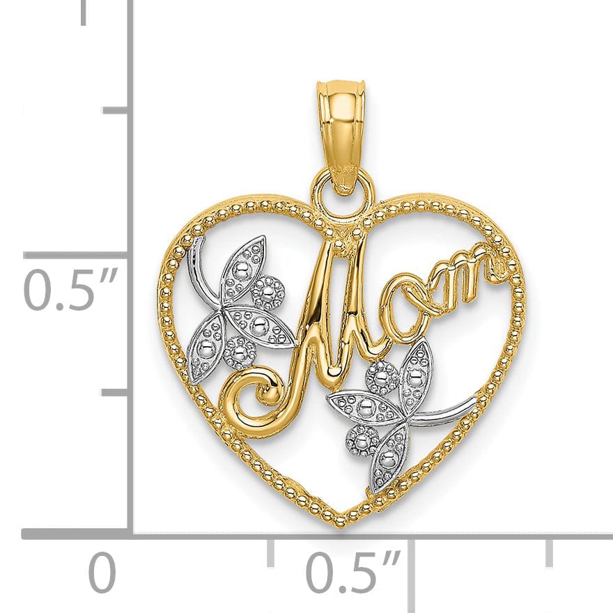 14k Yellow Gold, White Rhodium Textured Polished Finish Heart with Leaf Design MOM Charm Pendant