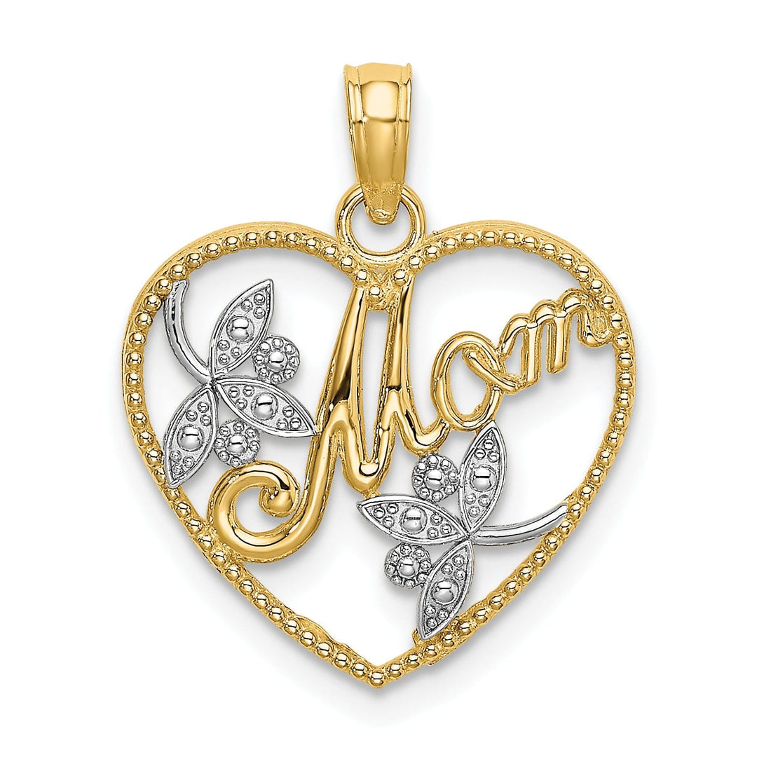 14k Yellow Gold, White Rhodium Textured Polished Finish Heart with Leaf Design MOM Charm Pendant