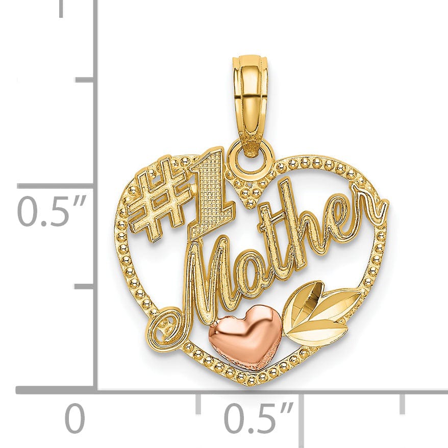 14k Two-Tone Gold Textured Polished Finish #1 MOTHER Double Heart with Leaf Design Charm Pendant
